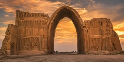 طاق کسری ایوان مدائن تیسفون معماری ساسانی قوس سهمی‌گون آجری
